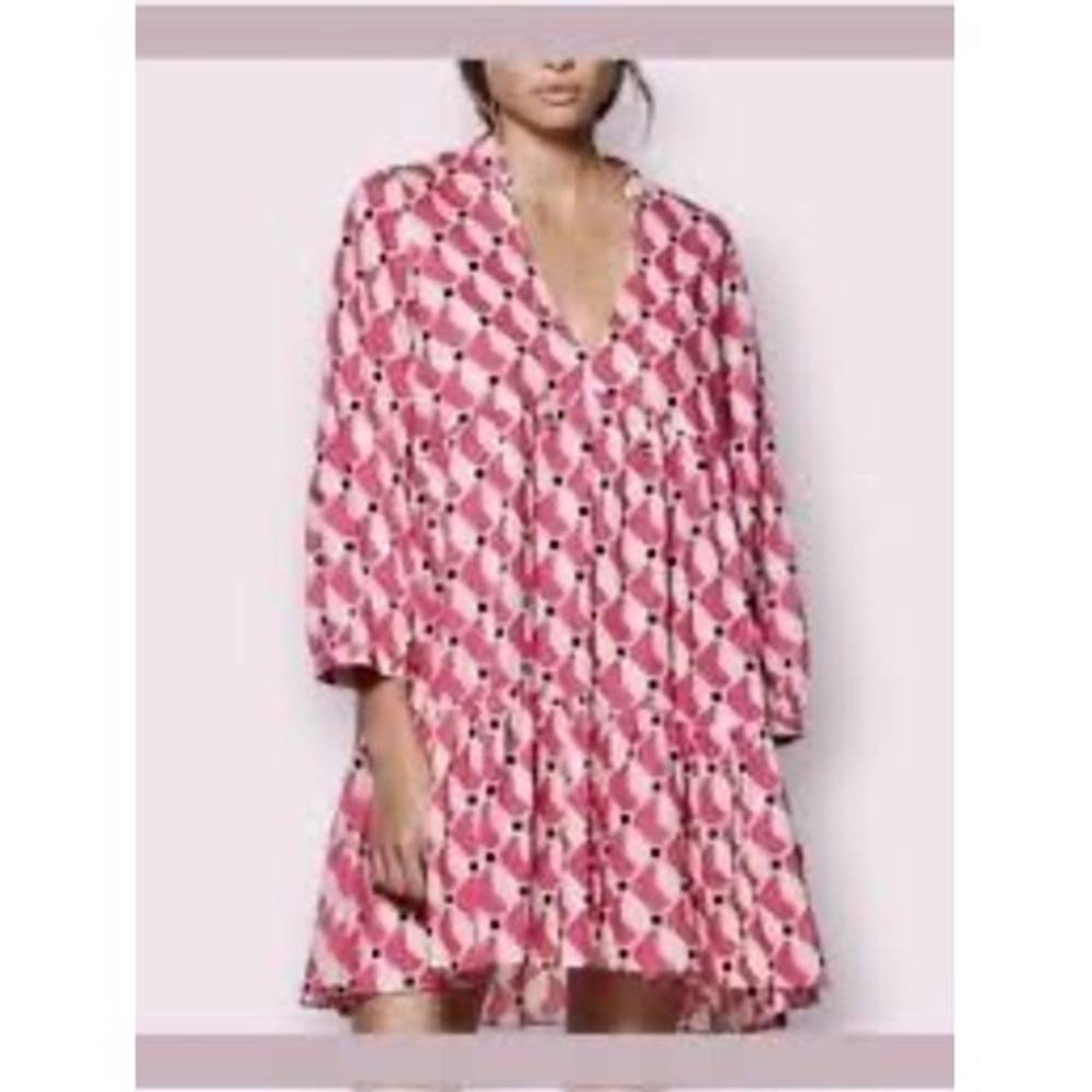Zara Geometric Print Tiered Mini Dress Womens Medium Pink Babydoll Excellent